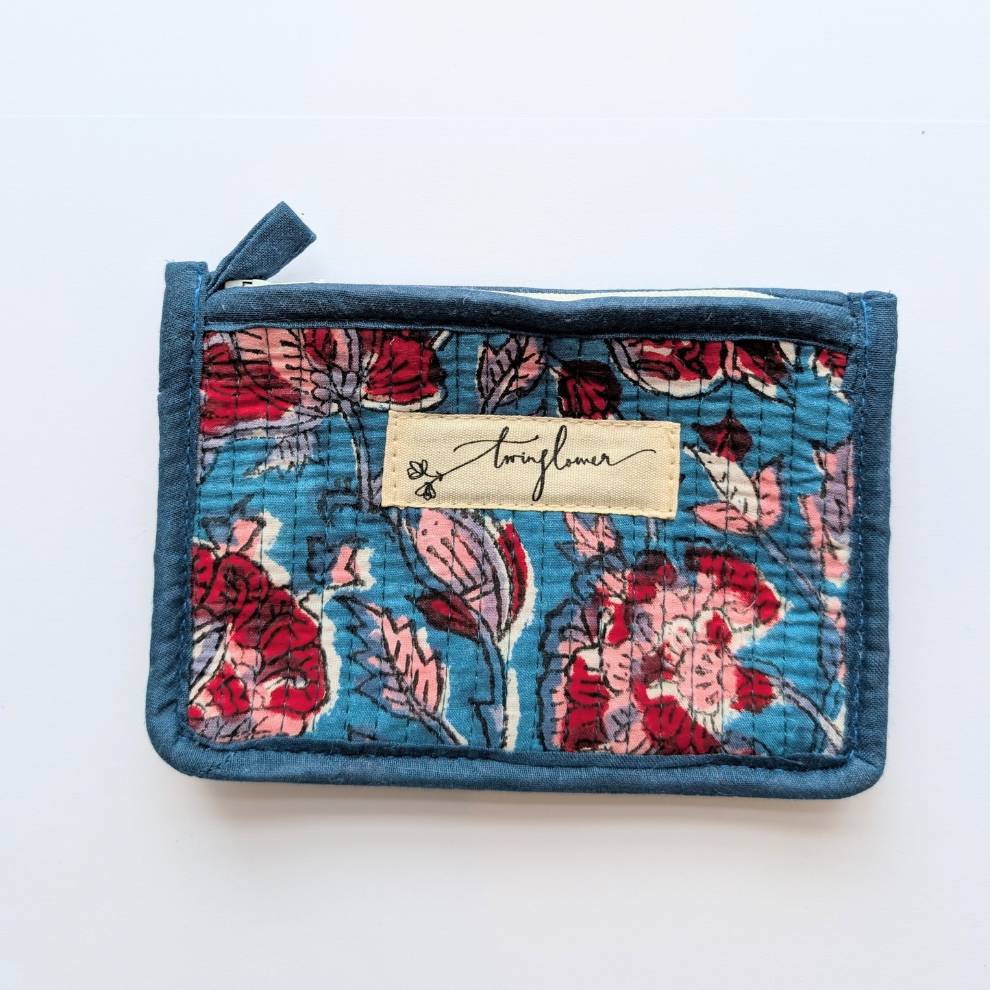 Blue & Red Floral Block Print Quilted Small Pouch Purse