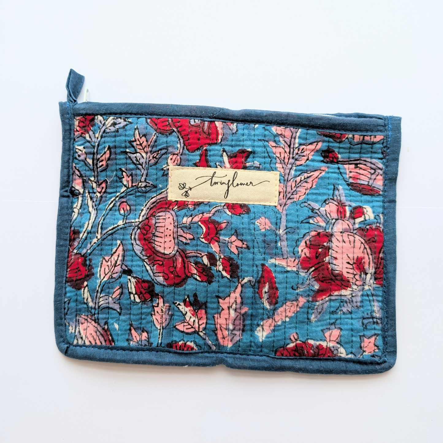 Blue & Red Floral Block Print Quilted Medium Pouch Purse