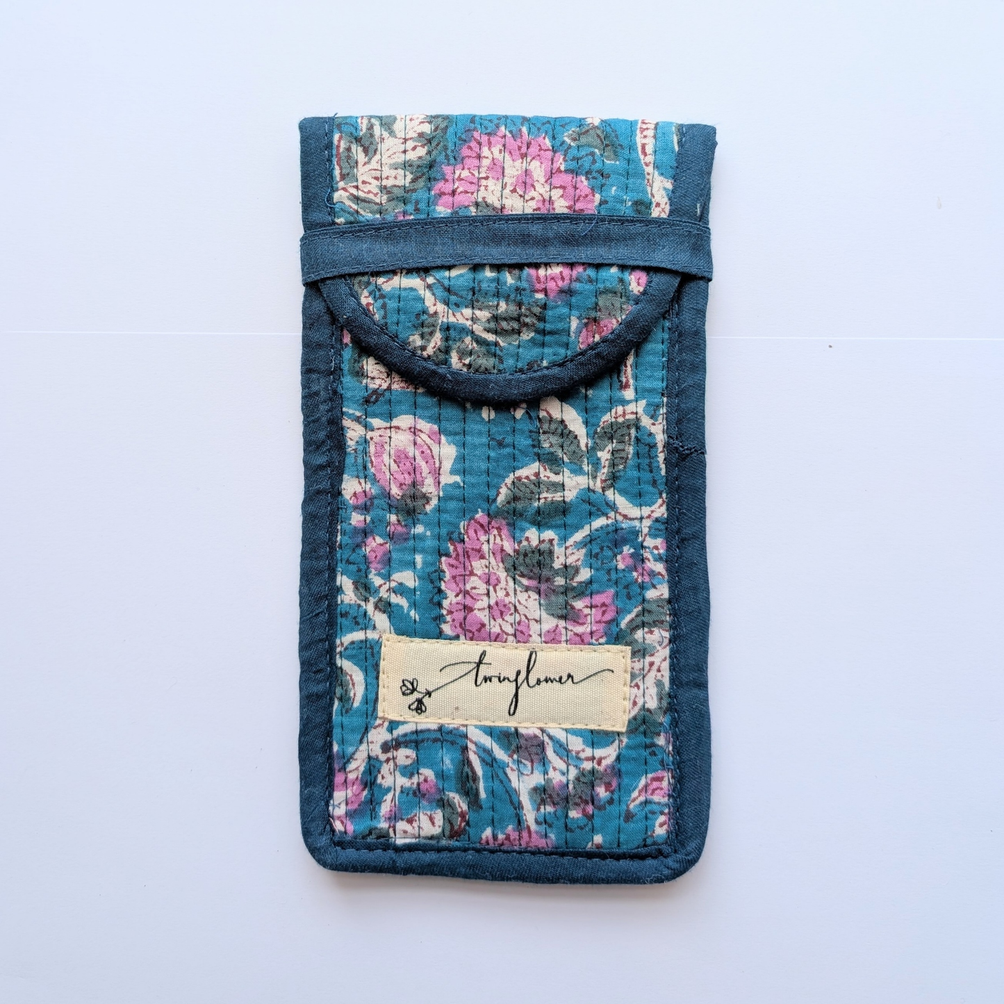 Teal & Pink Flower Block Print Quilted Glasses Case