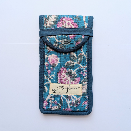 Teal & Pink Flower Block Print Quilted Glasses Case
