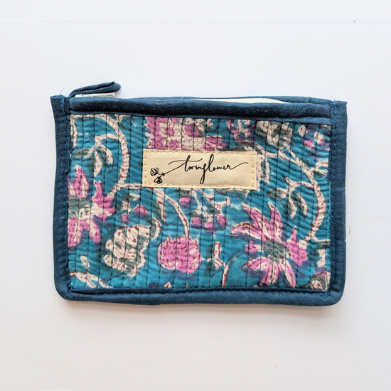 Teal & Pink Flower Block Print Quilted Small Pouch Purse