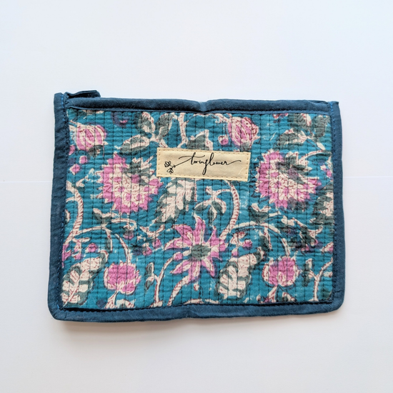 Teal & Pink Flower Block Print Quilted Medium Pouch Purse