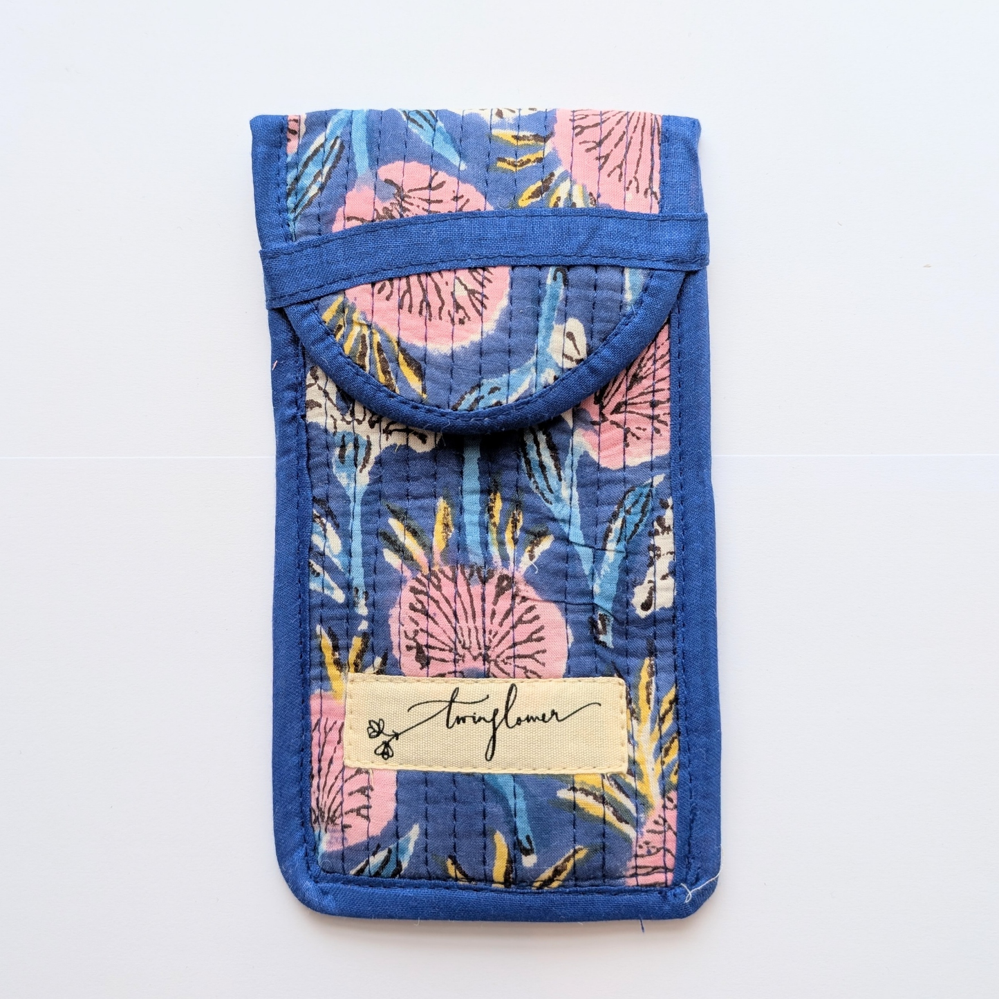 Blue & Pink Floral Block Print Quilted Glasses Case