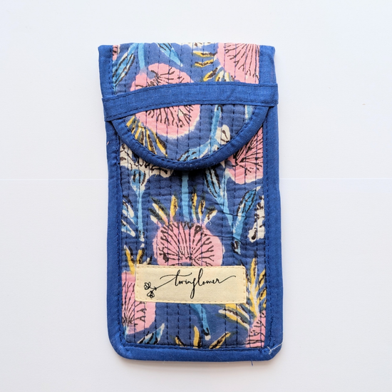 Blue & Pink Floral Block Print Quilted Glasses Case