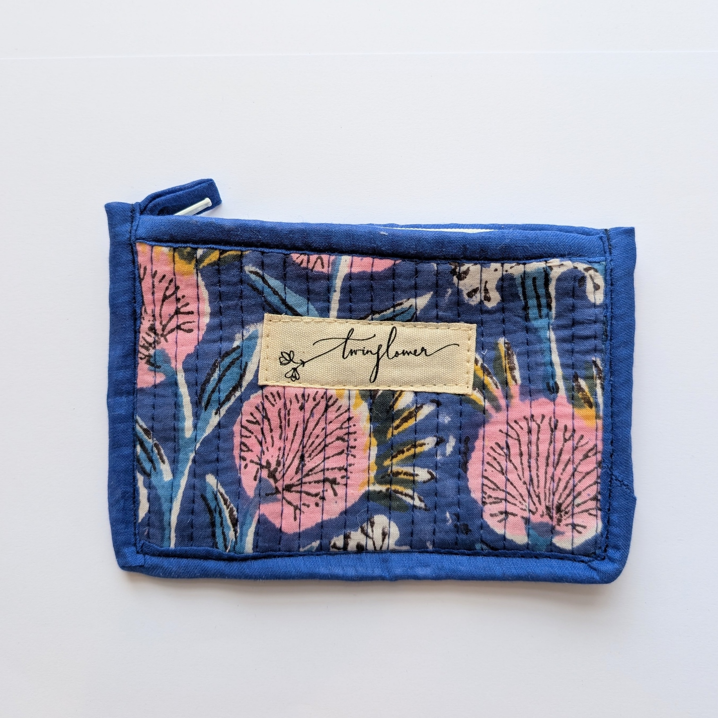 Blue & Pink Floral Block Print Quilted Small Pouch Purse