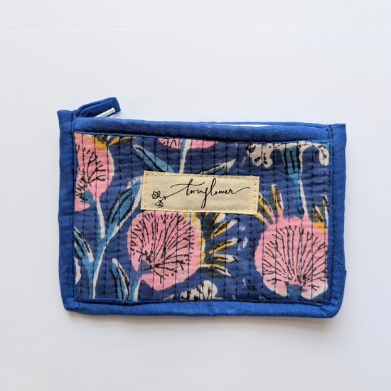 Blue & Pink Floral Block Print Quilted Small Pouch Purse