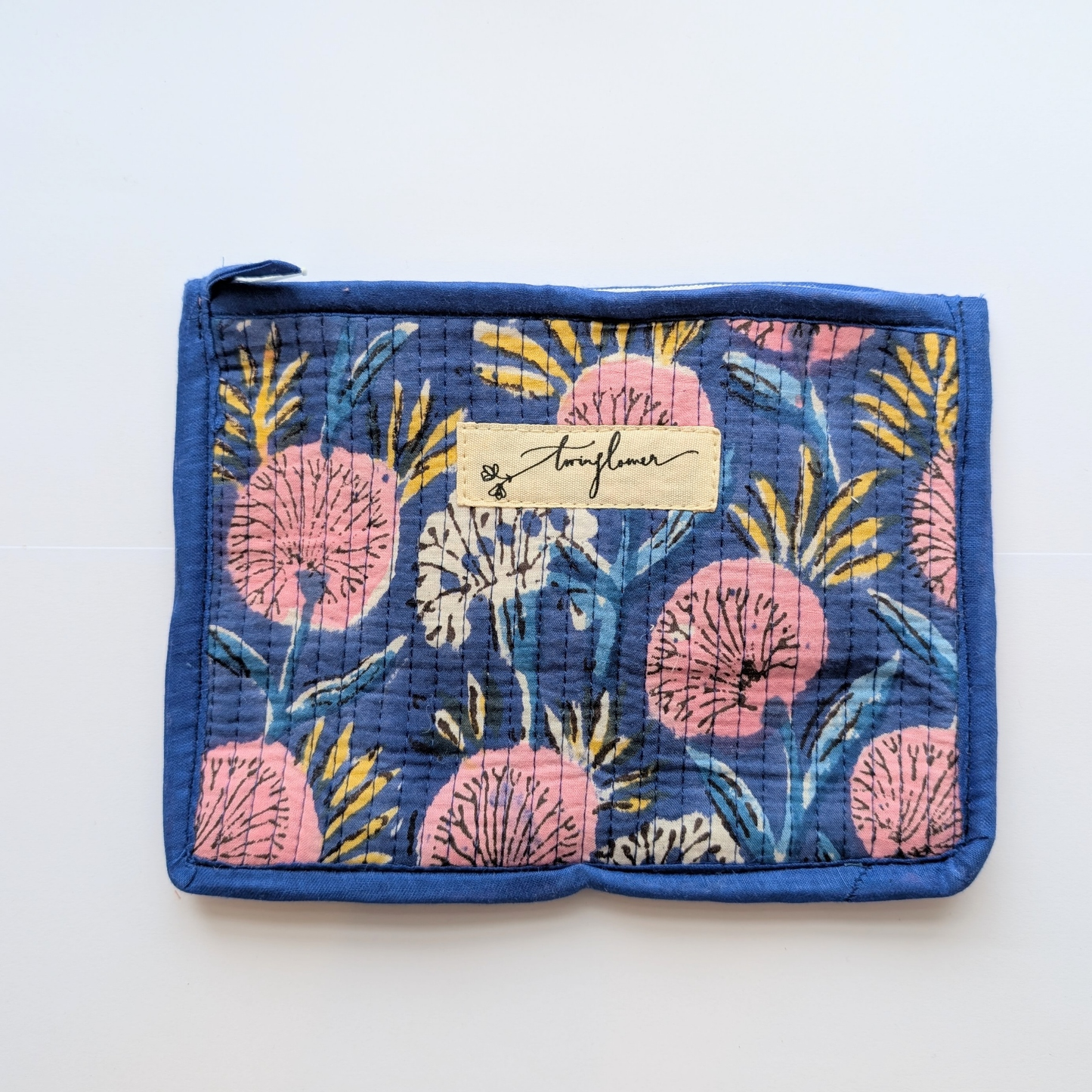 Blue & Pink Floral Block Print Quilted Medium Pouch Purse
