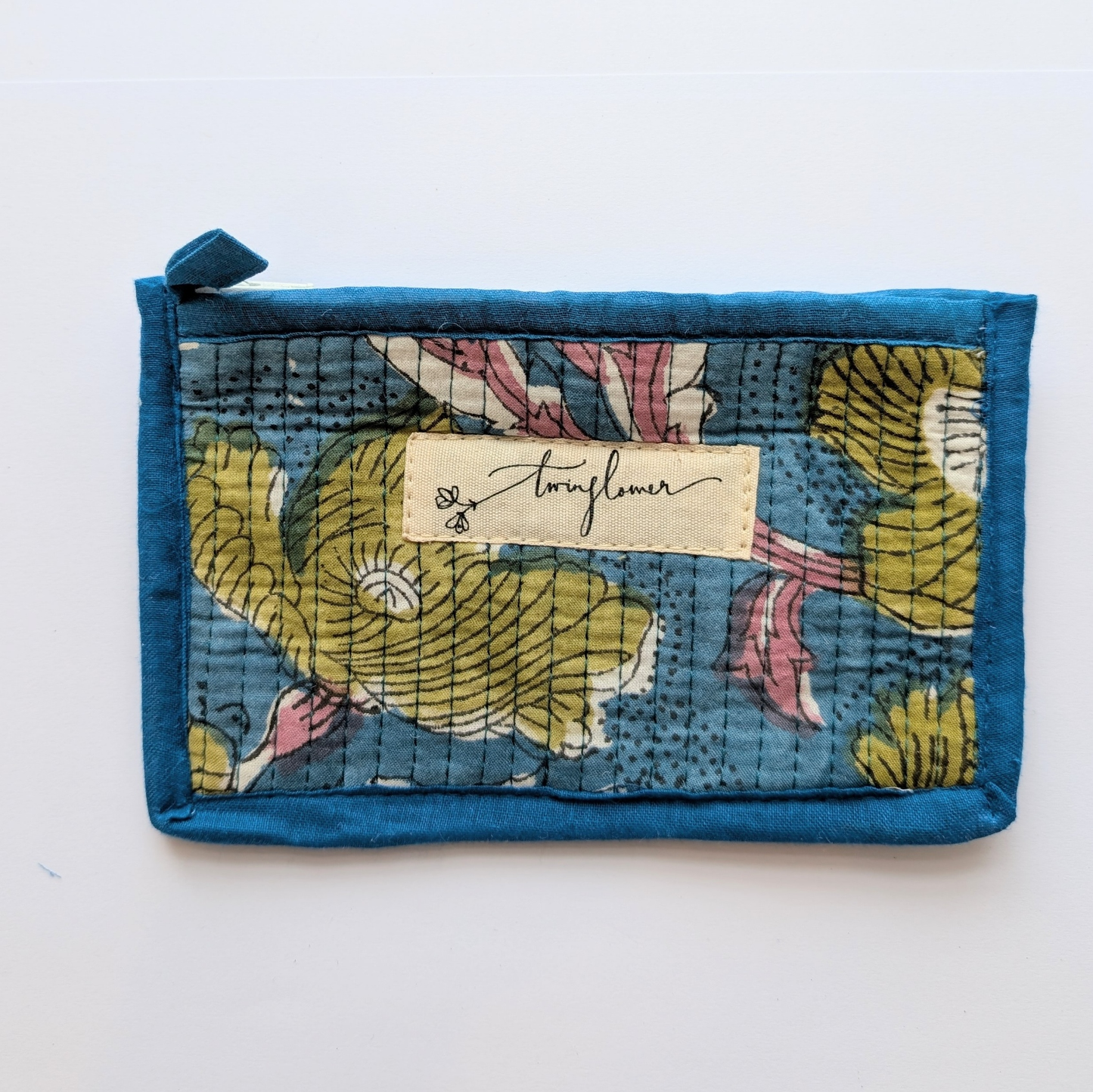 Blue & Green Floral Block Print Quilted Small Pouch Purse