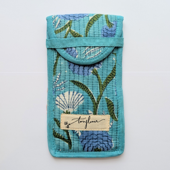 Aqua Floral Block Print Quilted Glasses Case