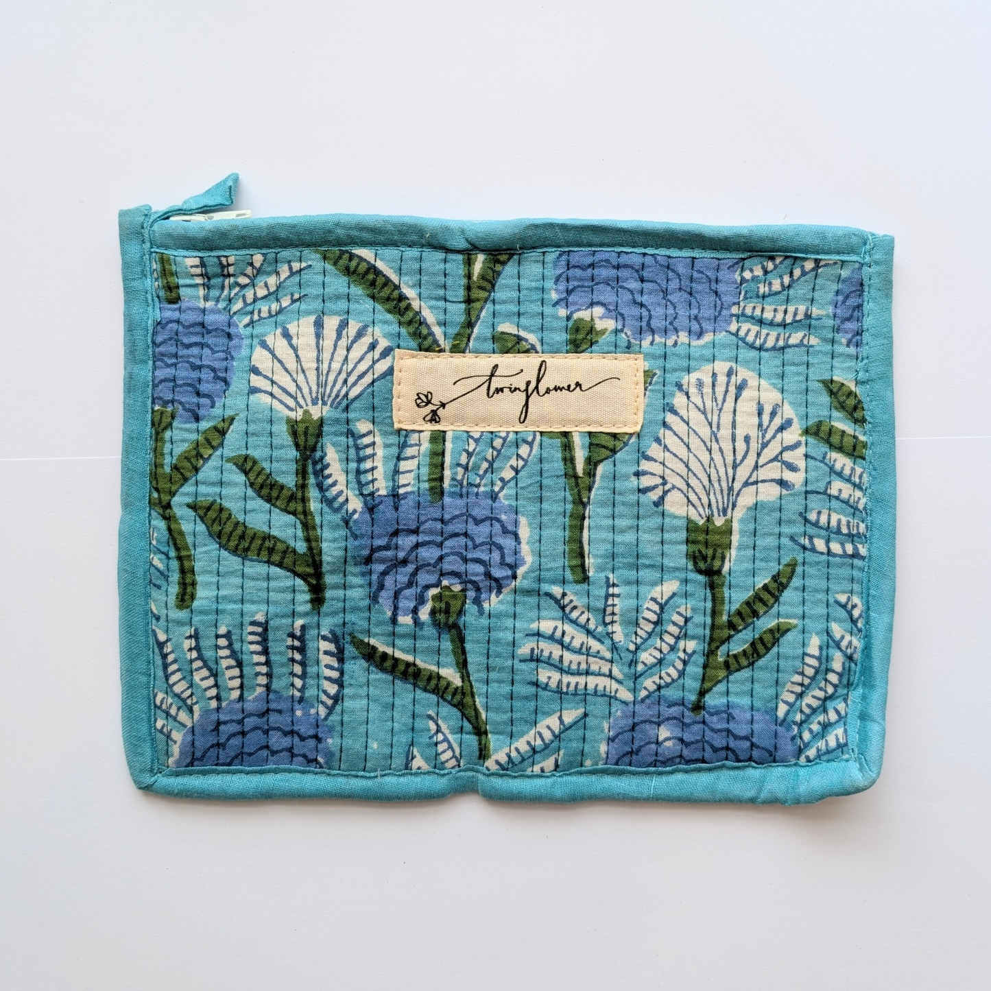 Aqua Floral Block Print Quilted Medium Pouch Purse
