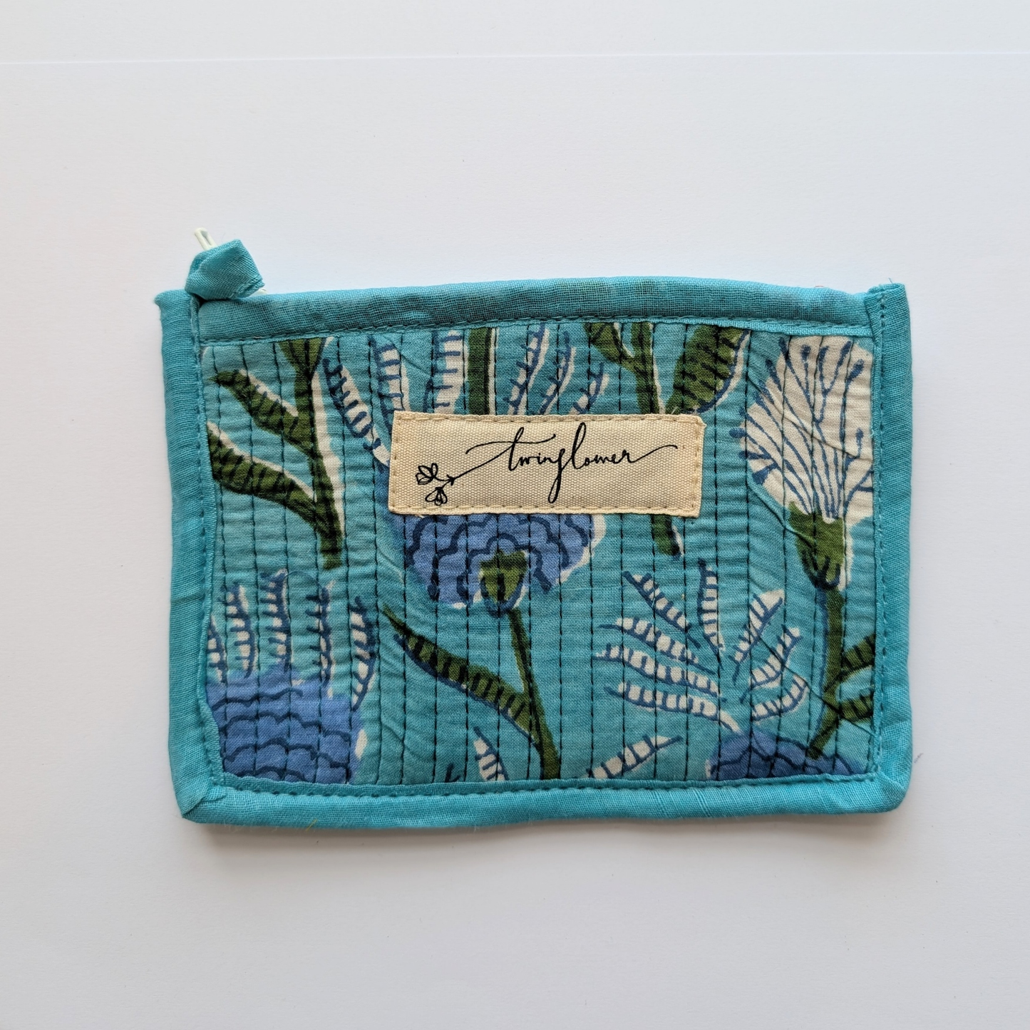 Aqua Floral Block Print Quilted Small Pouch Purse