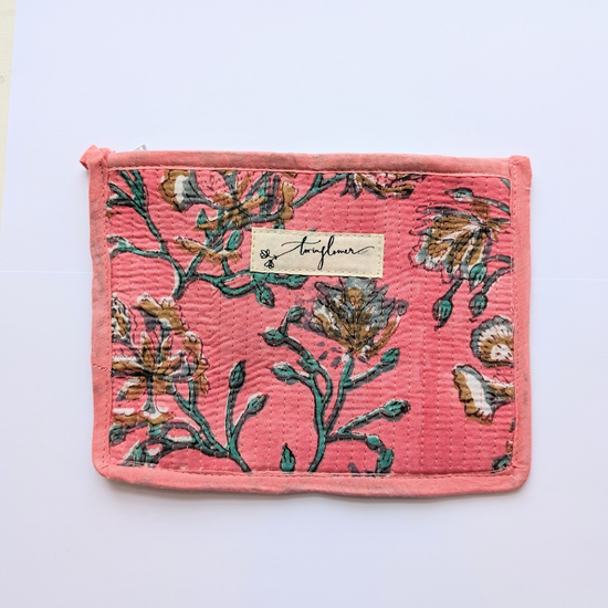 Pink Floral Block Print Quilted Medium Pouch Purse