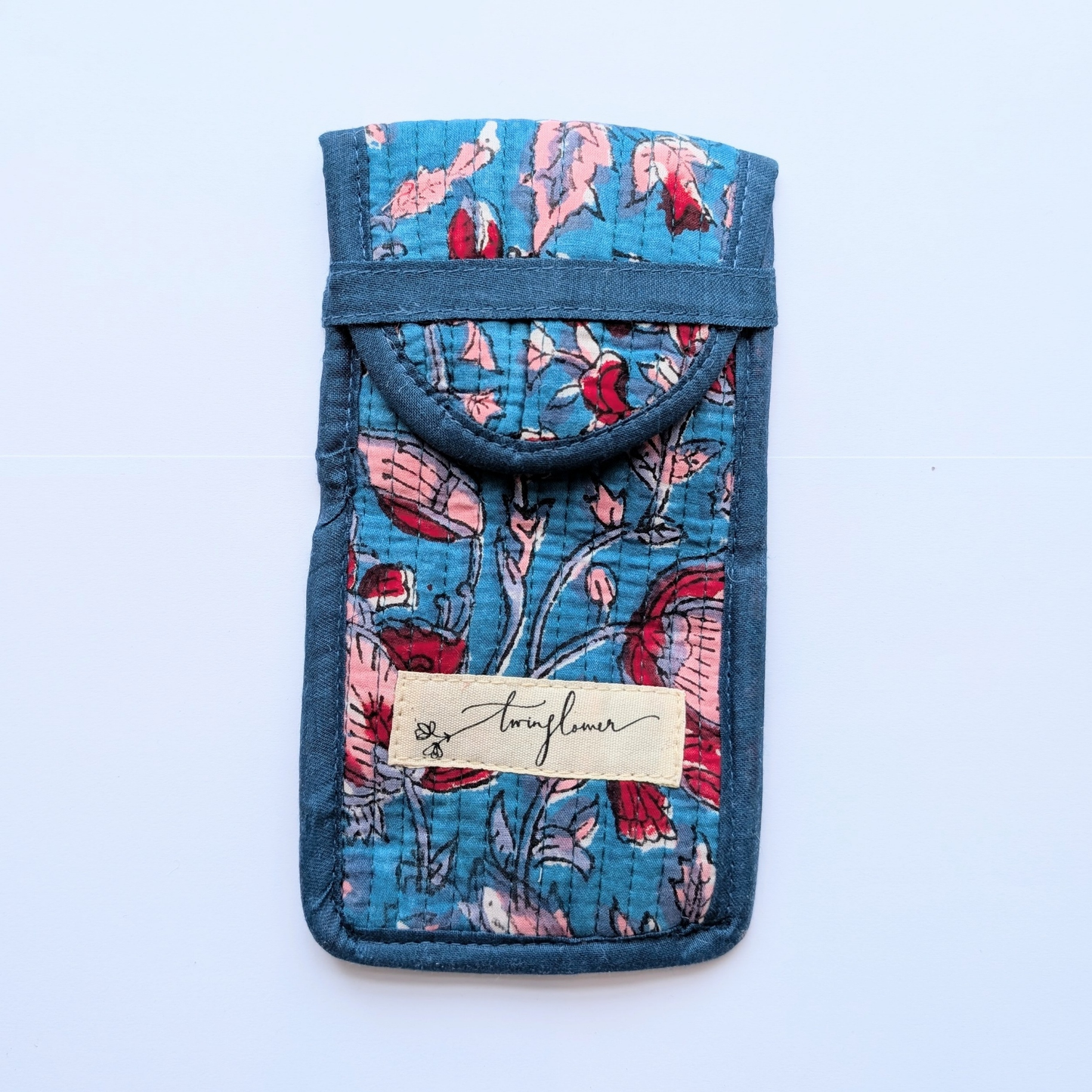 Blue & Red Floral Block Print Quilted Glasses Case