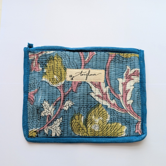 Blue & Green Floral Block Print Quilted Medium Pouch Purse