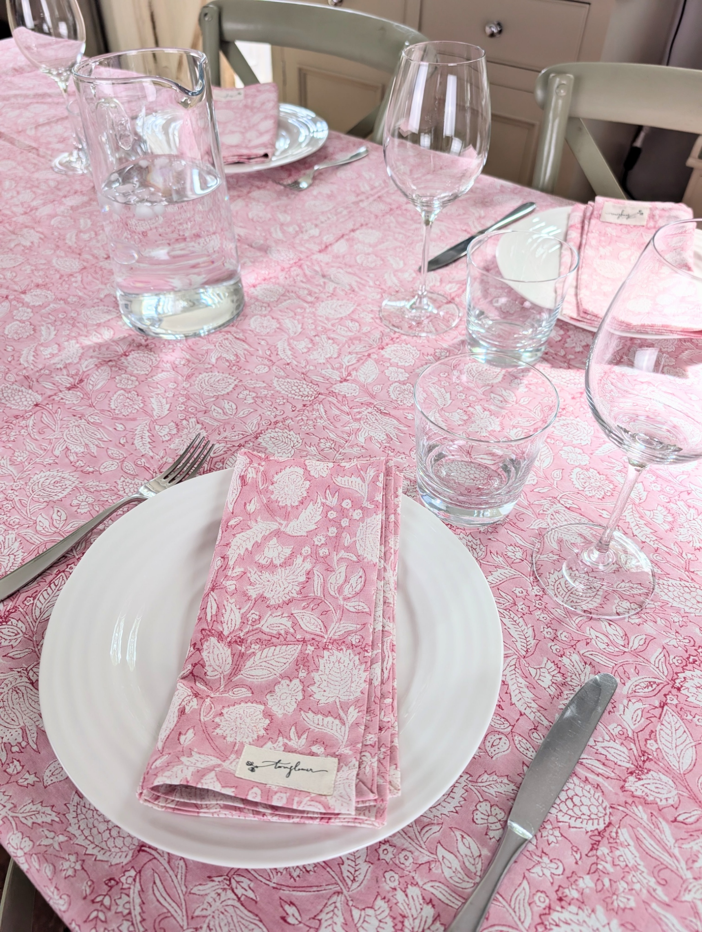 Pink Floral Block Printed Cotton Table Cloth 150x230cm - Precious Sparkle