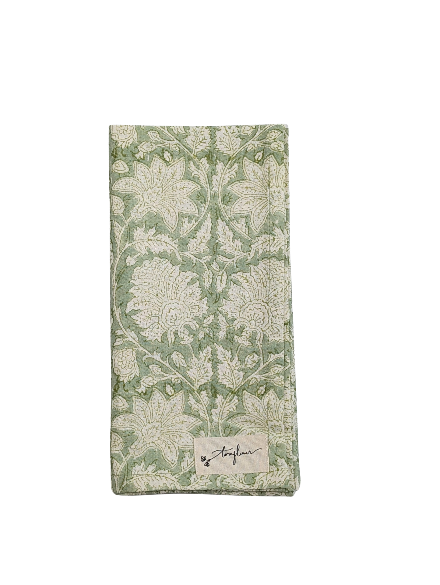 Green Floral Block Printed Cotton Napkin 50x50cm - Precious Sparkle