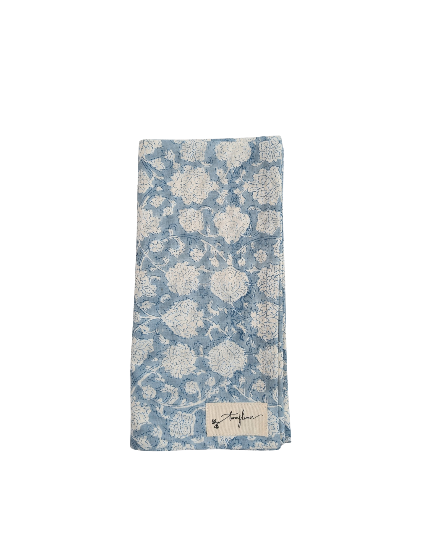 Blue Floral Block Printed Cotton Napkin 50x50cm - Precious Sparkle