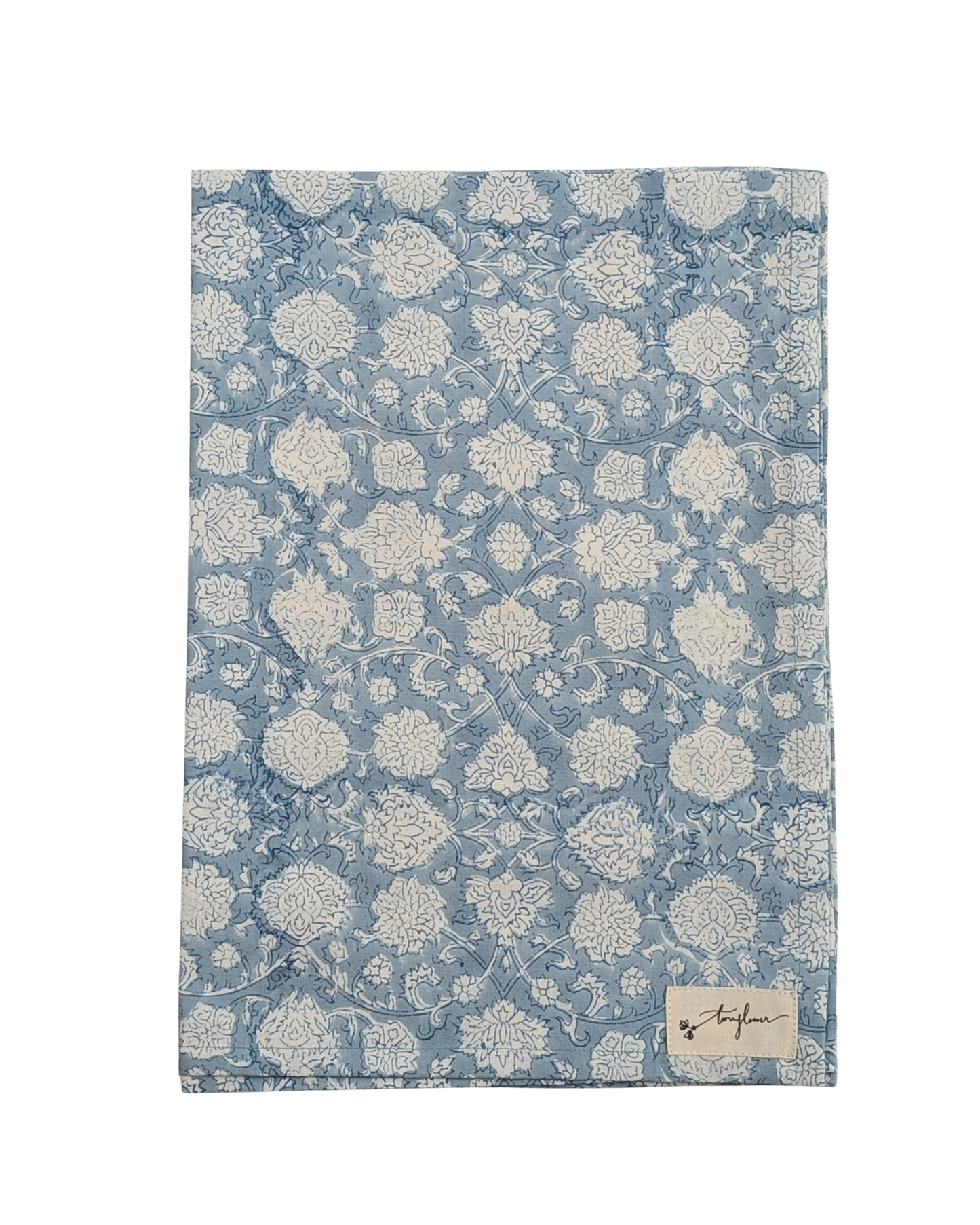 Blue Floral Block Printed Cotton Tea Towel - Precious Sparkle