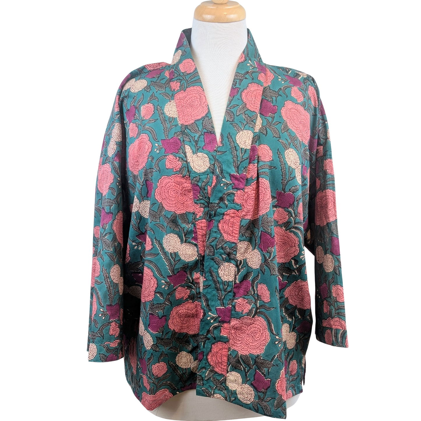 Teal & Pink Floral Cotton Kimono Jacket Indian Block Print - Precious Sparkle