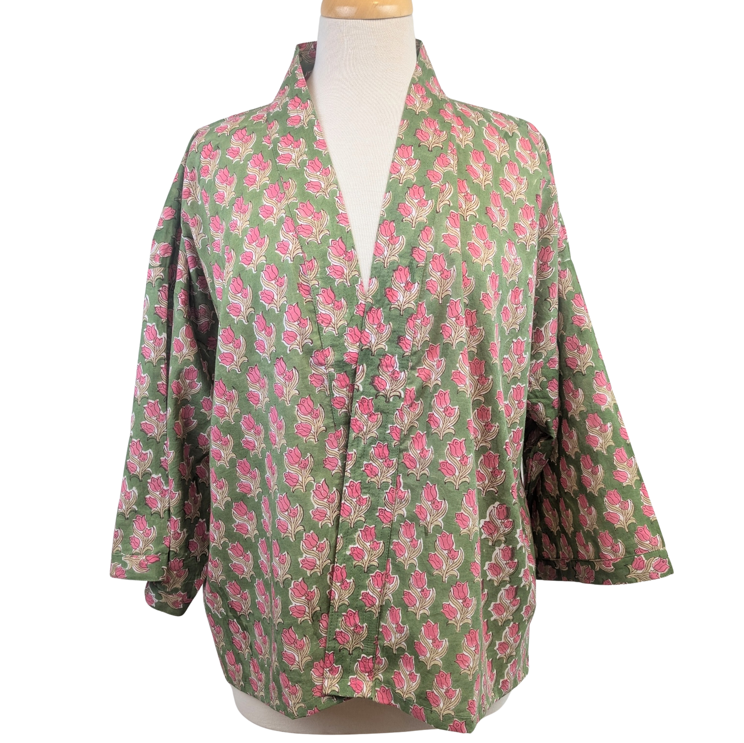 Green & Pink Floral Cotton Kimono Jacket Indian Block Print - Precious Sparkle