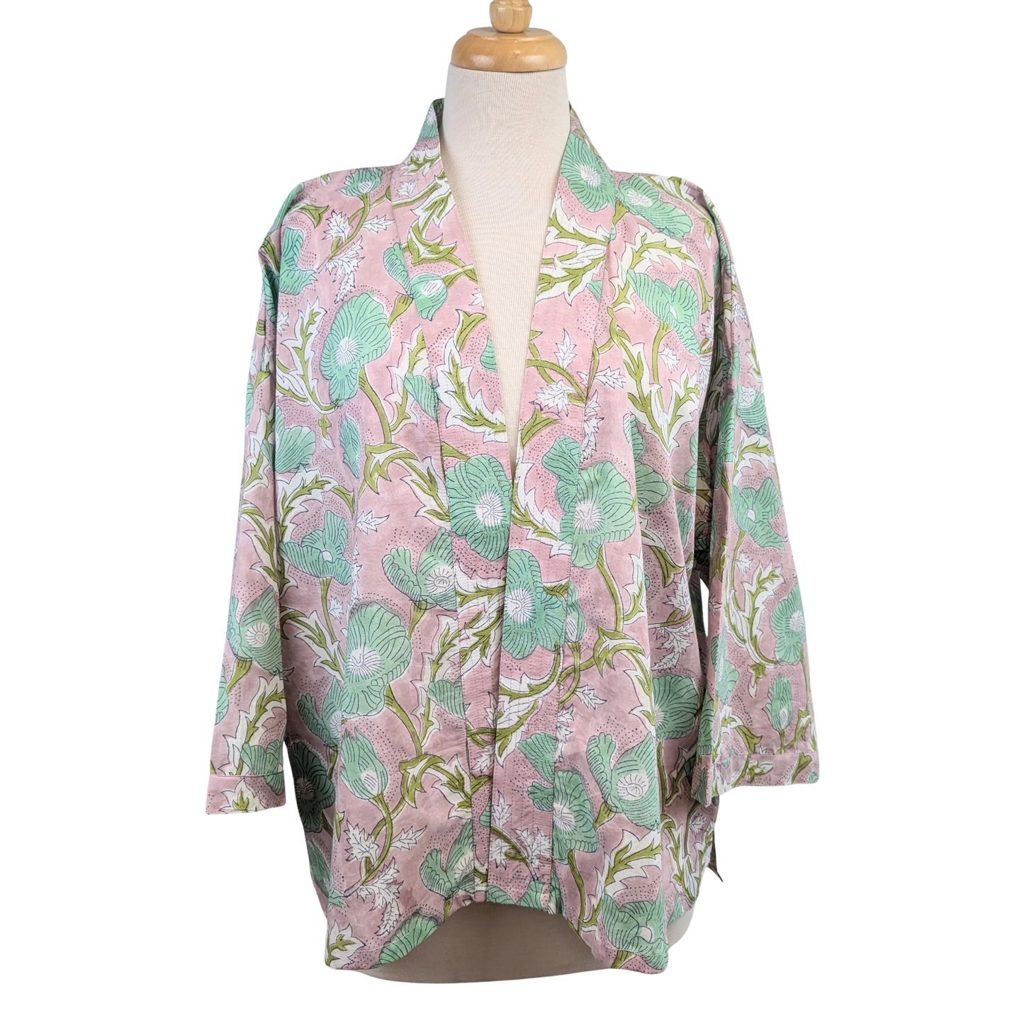 Lilac & Green Floral Cotton Kimono Jacket Indian Block Print - Precious Sparkle
