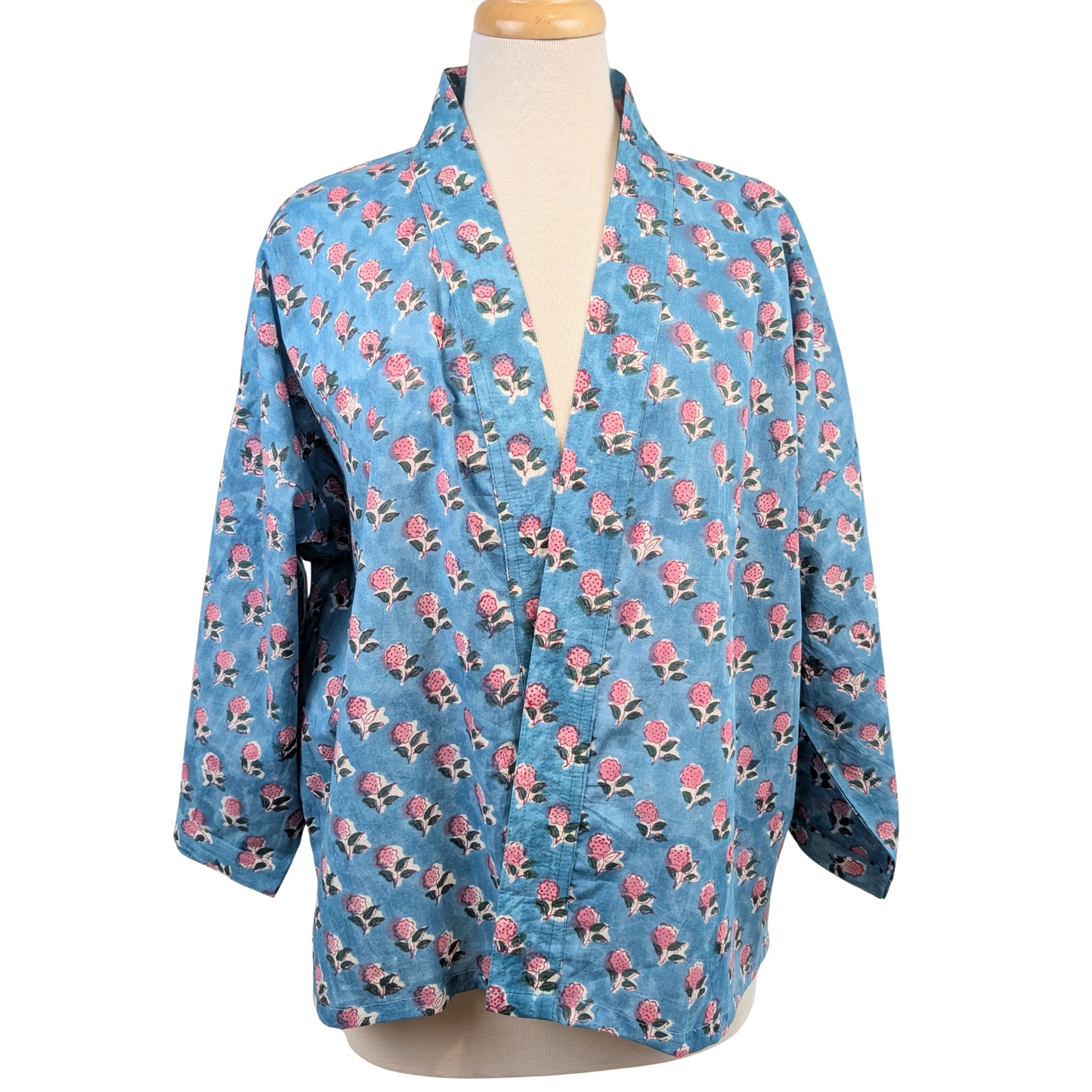 Blue Buti Floral Cotton Kimono Jacket Indian Block Print - Precious Sparkle