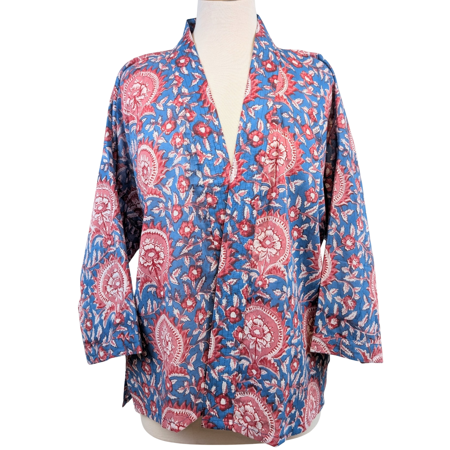 Blue & Red Floral Cotton Kimono Jacket Indian Block Print - Precious Sparkle