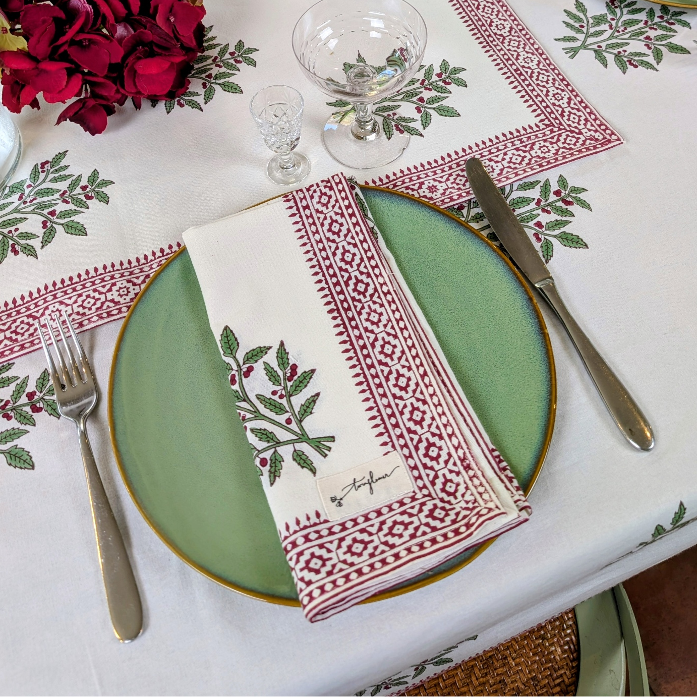 Christmas Holly Block Printed Napkin 50x50cm