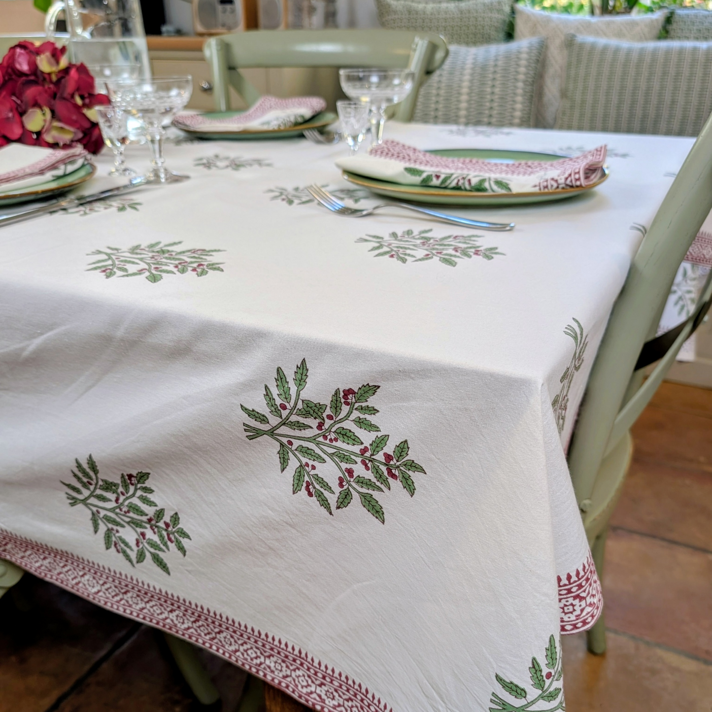 Christmas Holly Block Printed Table Cloth 150x250cm