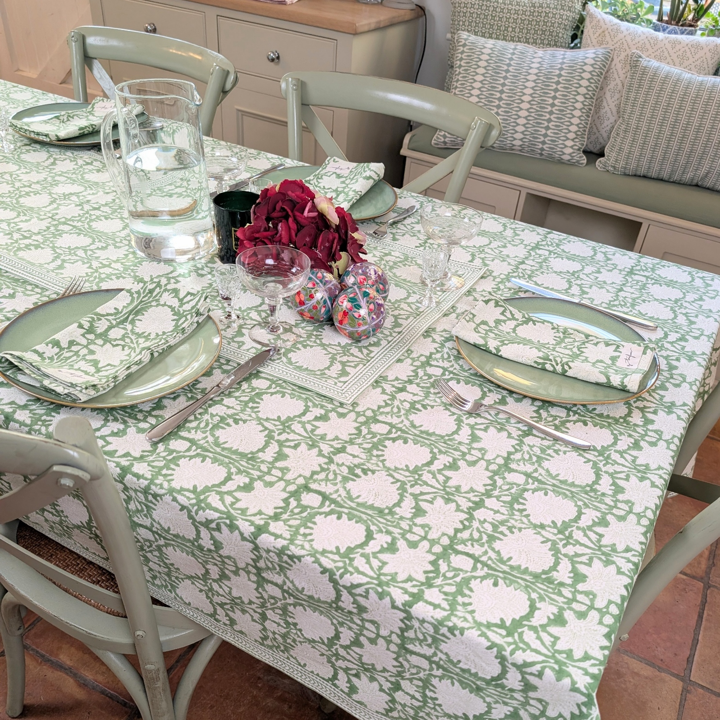 Emerald Green Block Printed Table Cloth 150x250cm