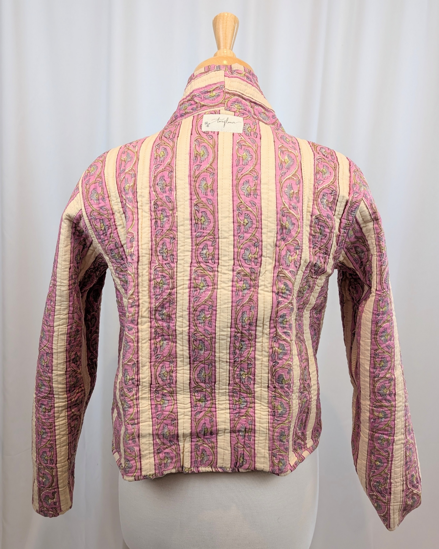 Twinflower Reversible Quilted Kimono Jacket Violet Floral Block Print - Precious Sparkle
