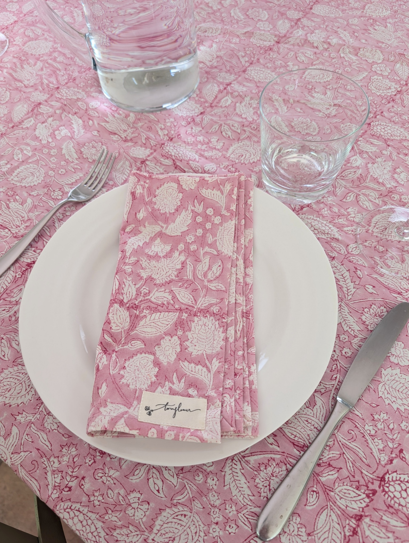 Pink Floral Block Printed Cotton Table Cloth 150x230cm - Precious Sparkle