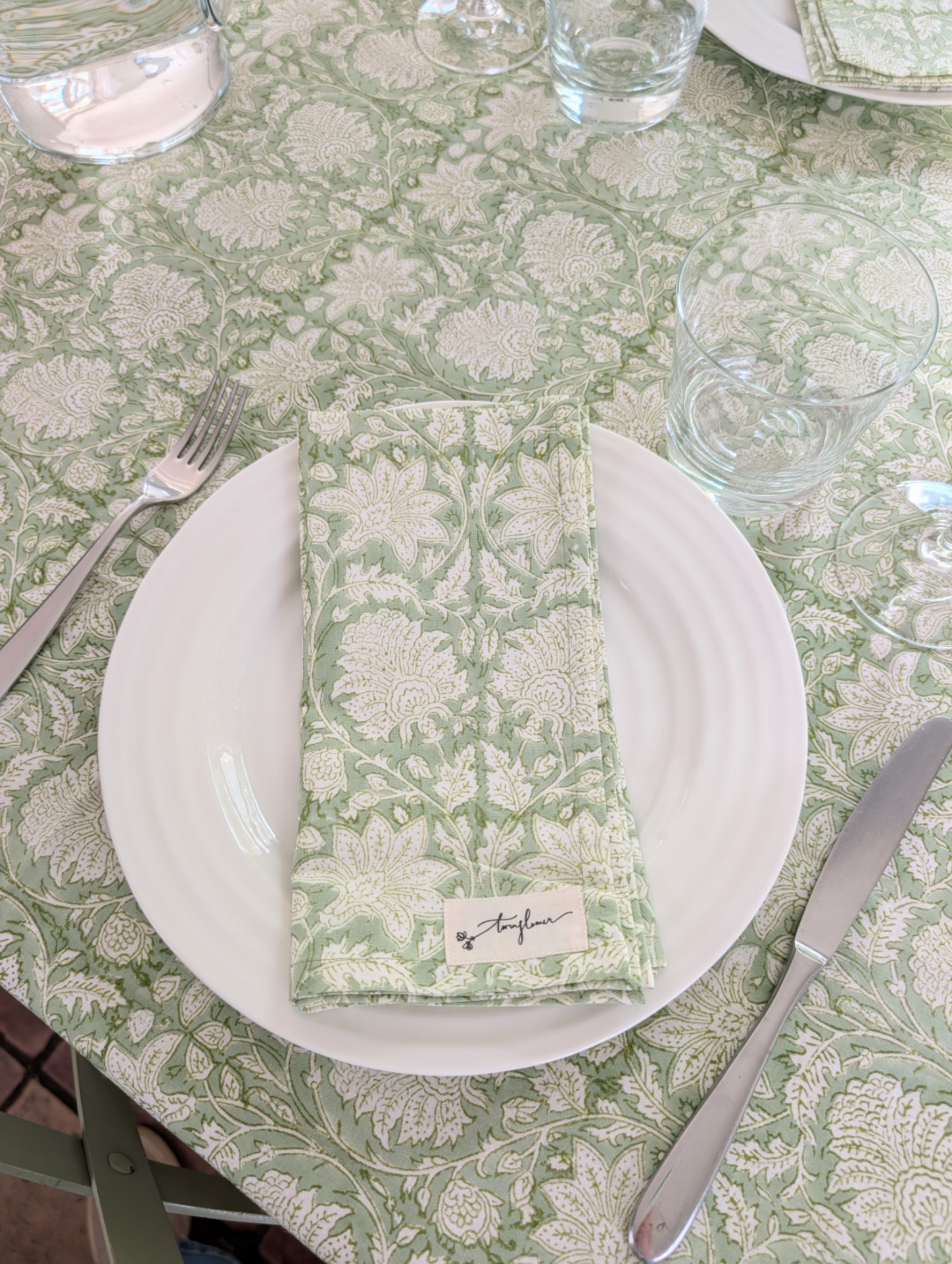 Green Floral Block Printed Cotton Napkin 50x50cm - Precious Sparkle