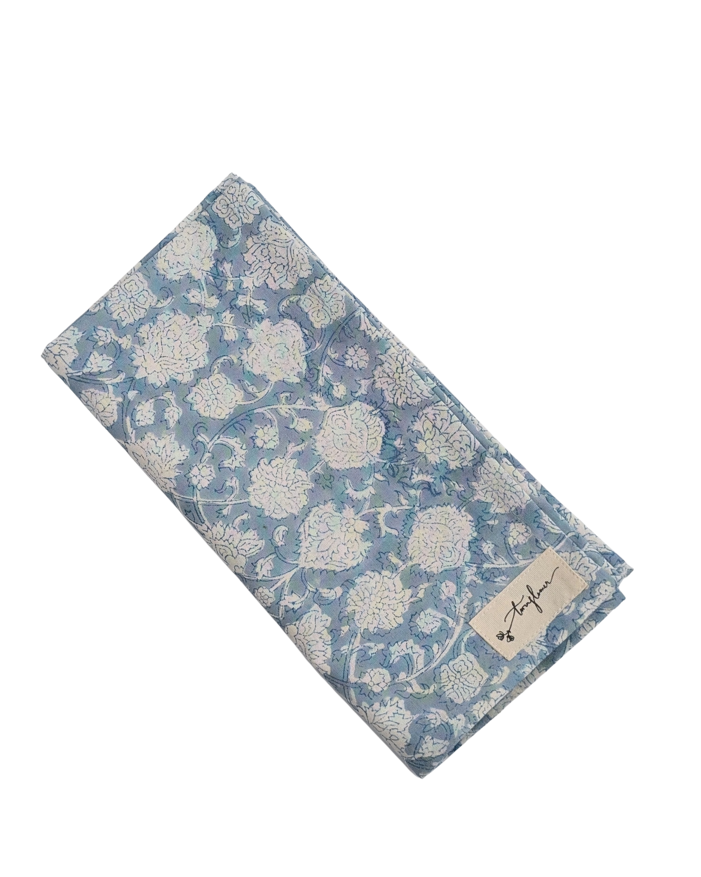 Blue Floral Block Printed Cotton Napkin 50x50cm - Precious Sparkle
