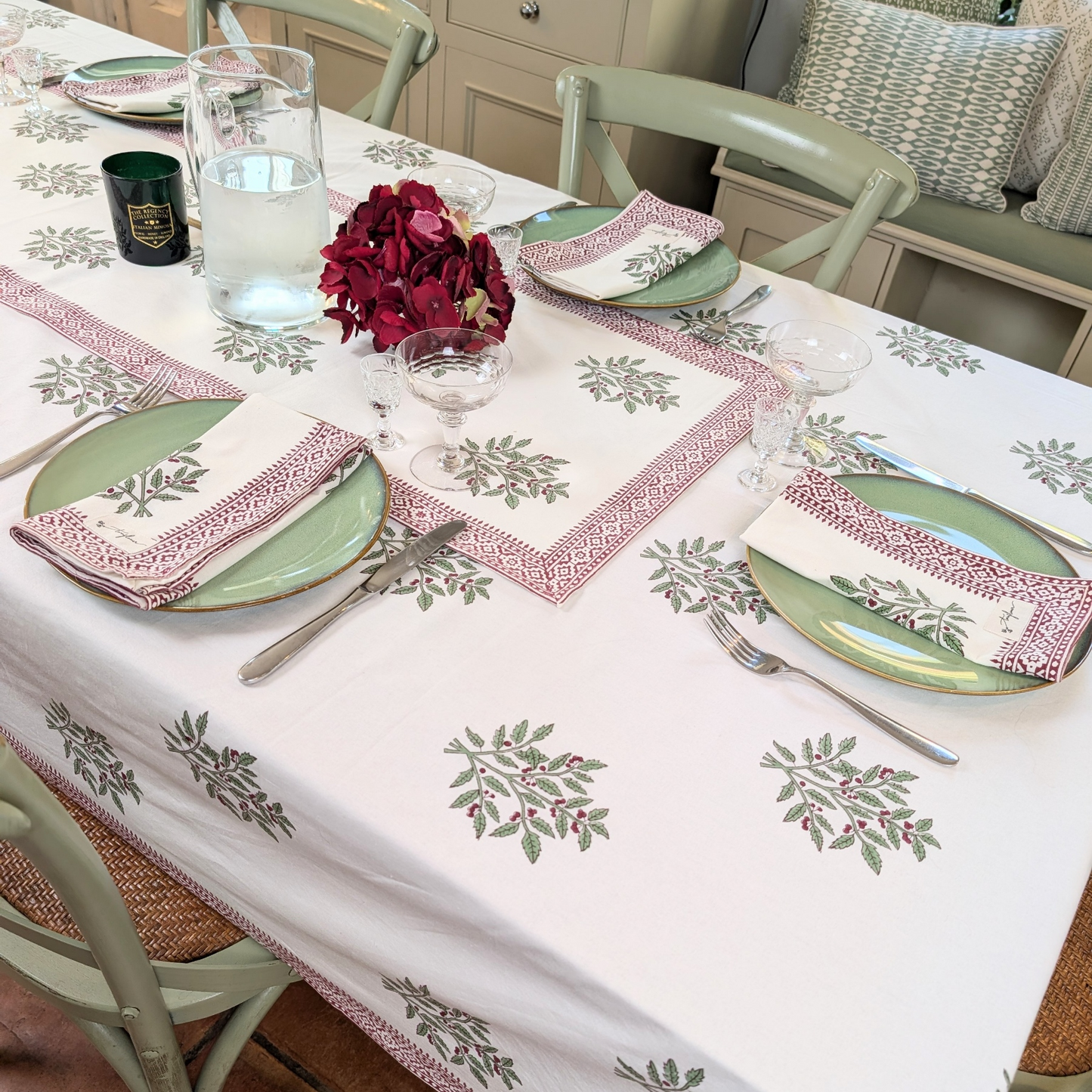 Christmas Holly Block Printed Table Cloth 150x250cm