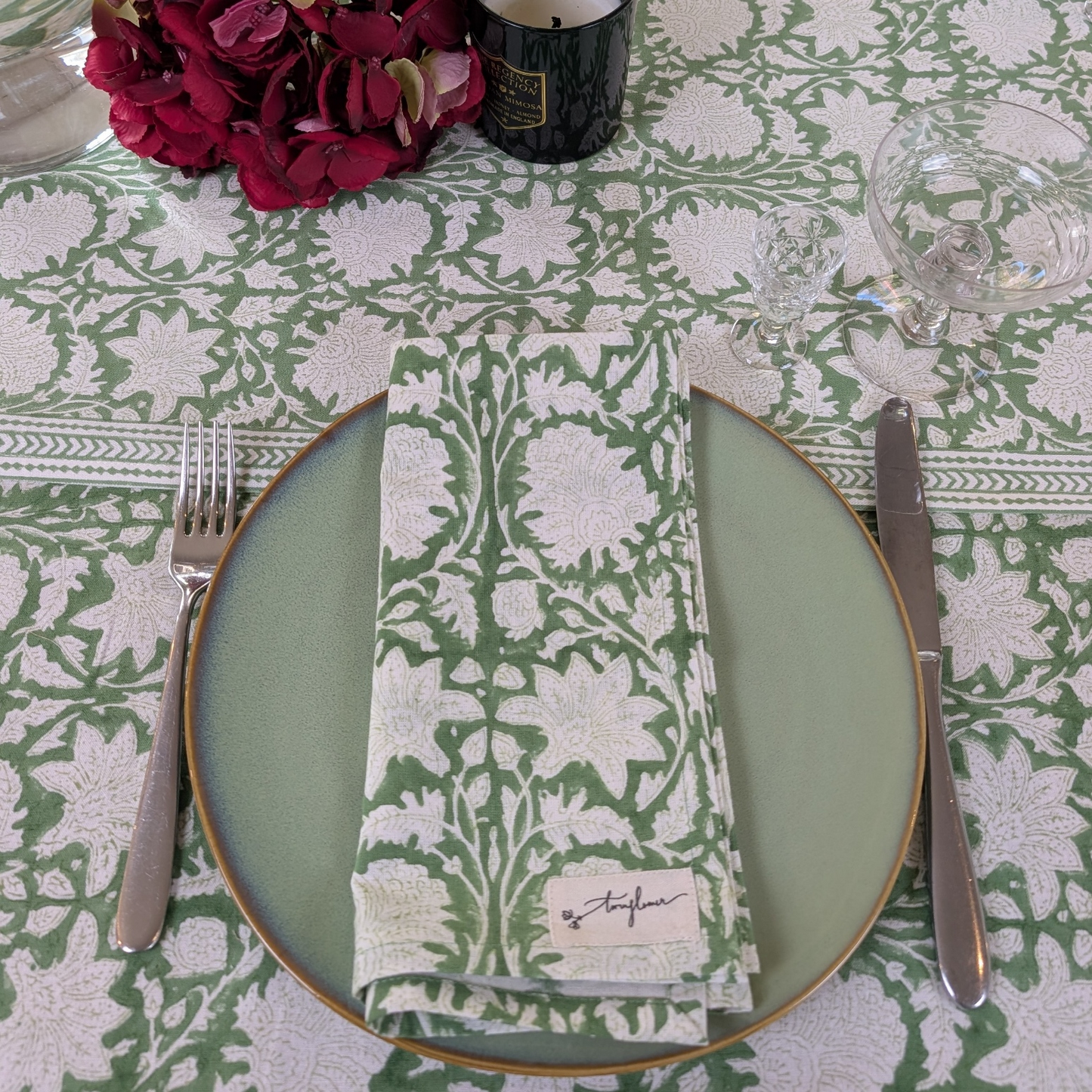 Emerald Green Block Printed Table Cloth 150x250cm