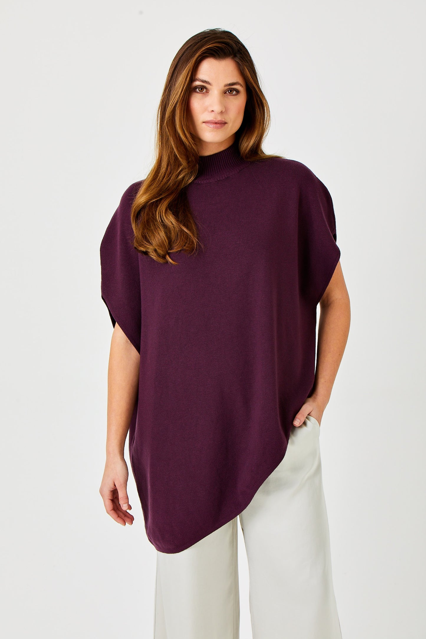 Suzy D Theo Asymmetric Knit Poncho Eggplant