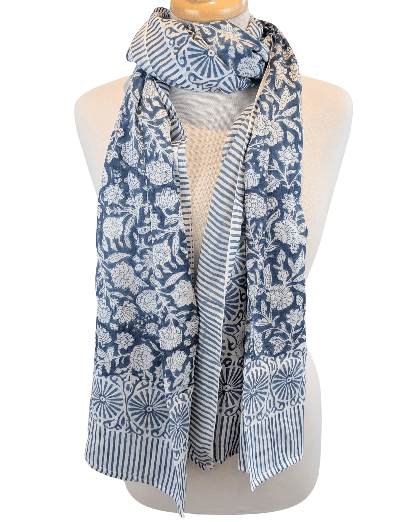 Navy Blue Floral Block Print Cotton Sarong Scarf