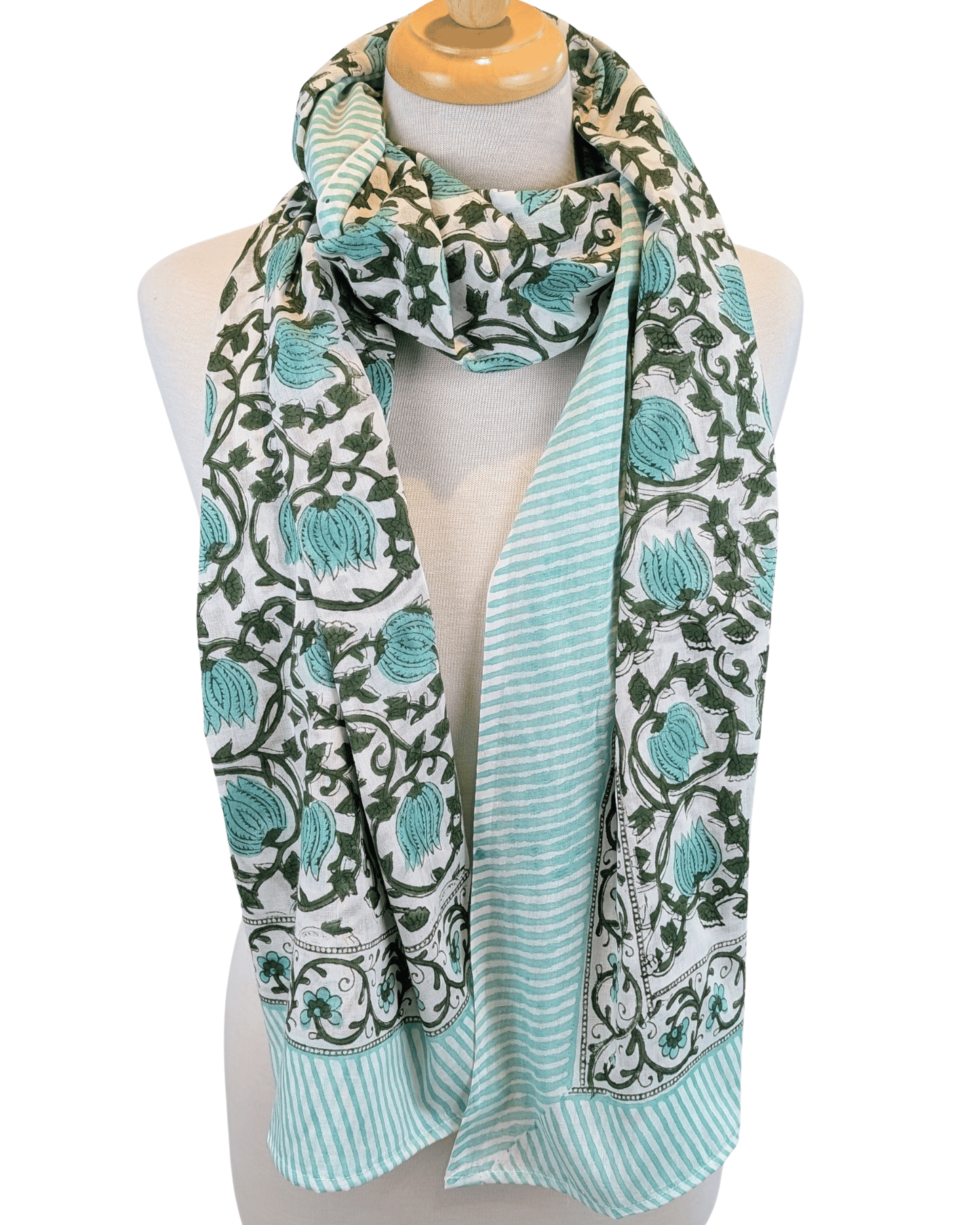 Aqua & Green Floral Block Print Cotton Pareo Sarong Scarf
