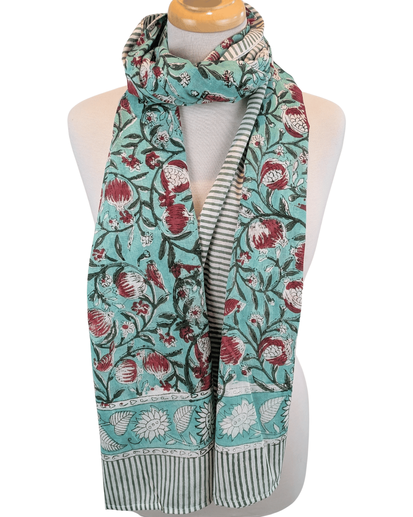 Aqua & Red Pomegranate Block Print Cotton Pareo Sarong Scarf