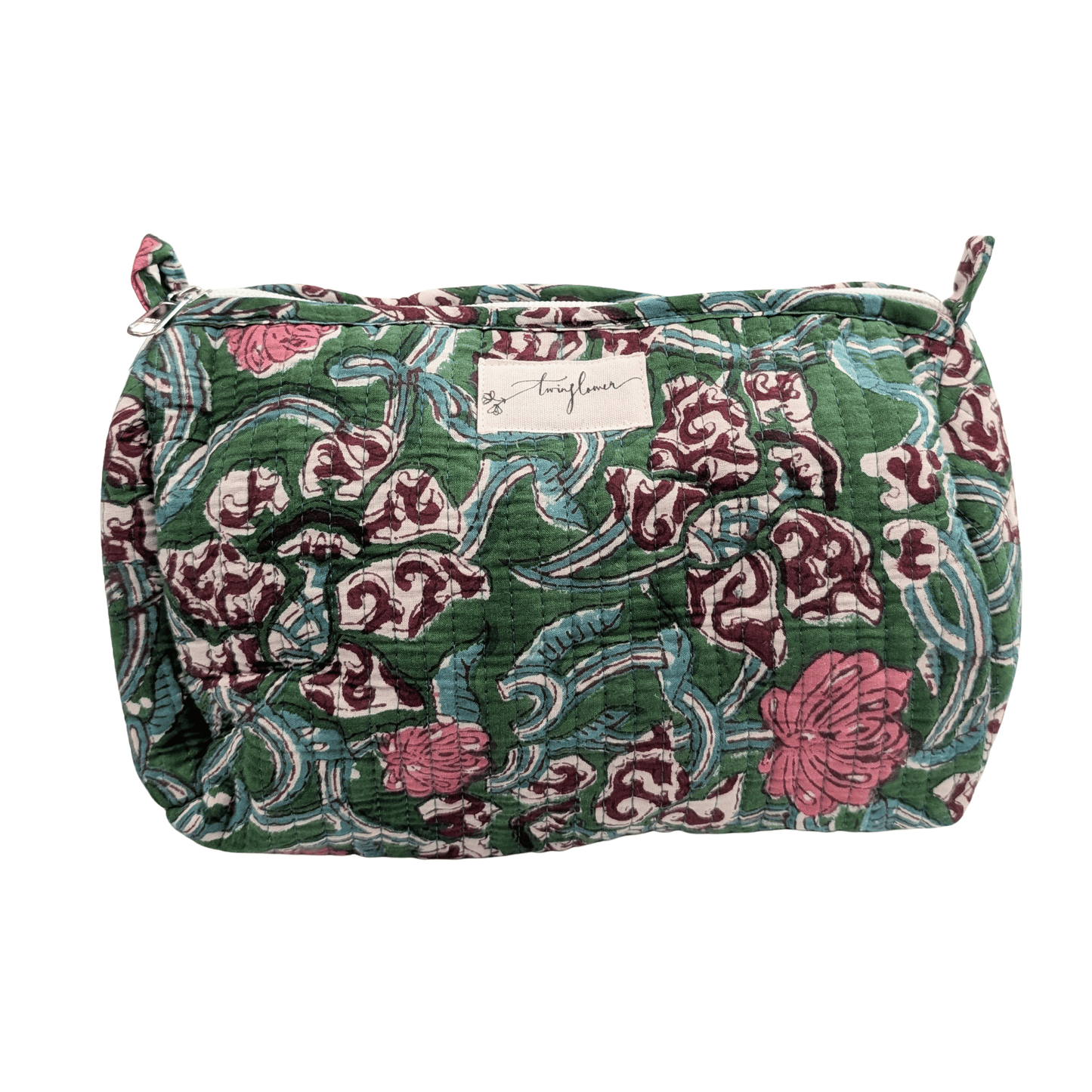 Pine Green Floral Block Print Quilted Large Washbag - Precious Sparkle