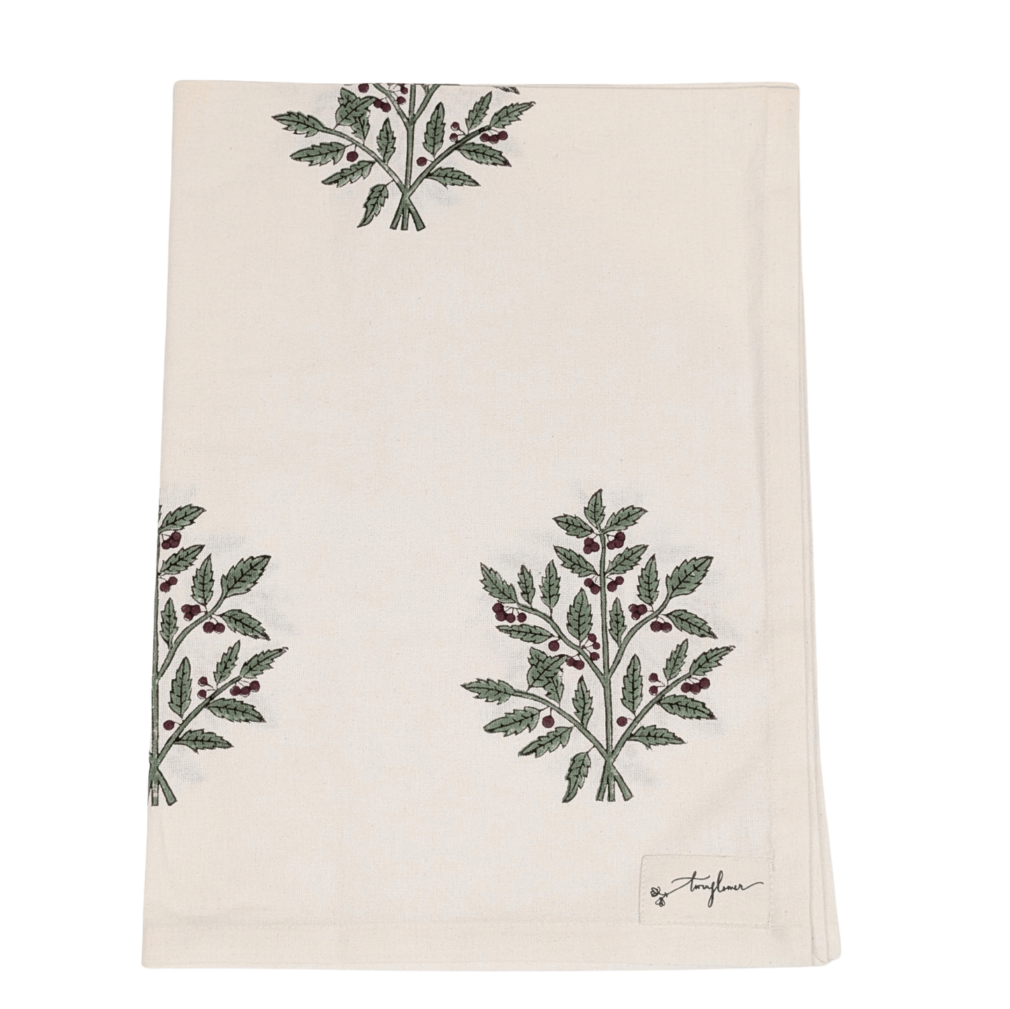 Christmas Holly Block Printed Cotton Tea Towel