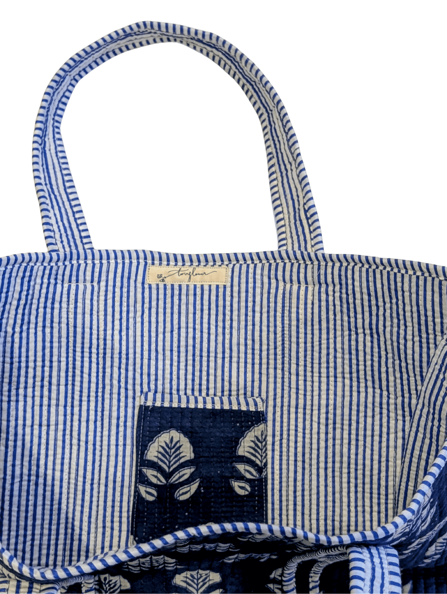 Cotton Quilted Indian Tote Bag Indigo Flowers - Precious Sparkle