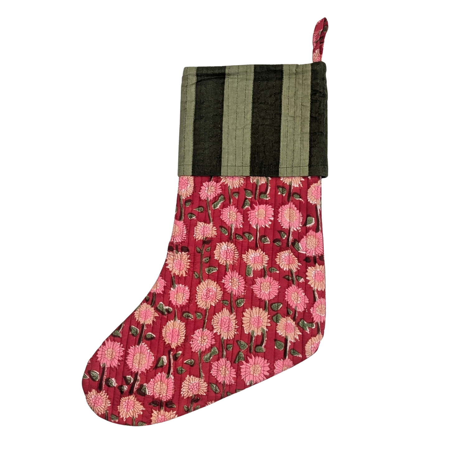 Large Christmas Stocking Block Print Red Floral Green Stripe - Precious Sparkle