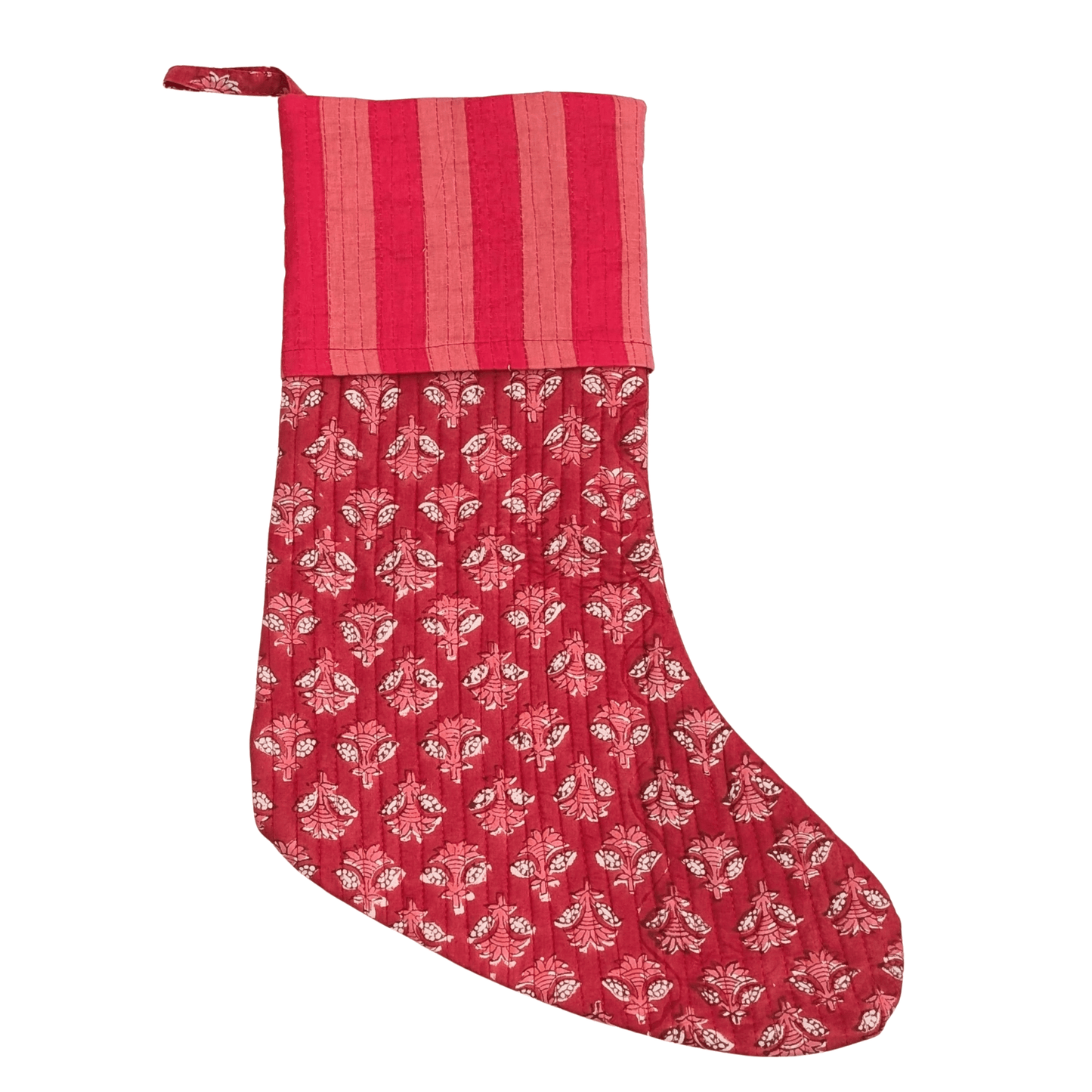 Large Christmas Stocking Block Print Red Floral & Stripe - Precious Sparkle
