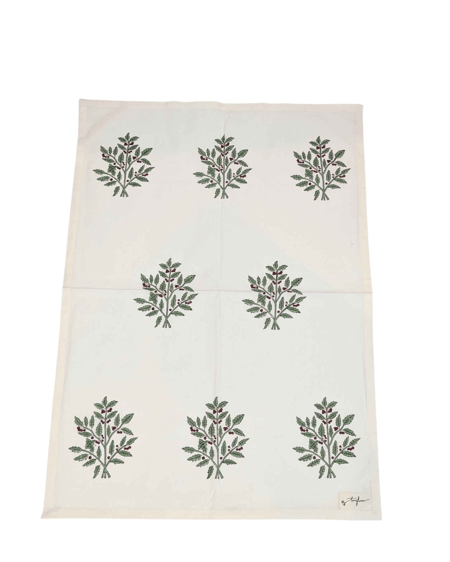 Christmas Holly Block Printed Cotton Tea Towel