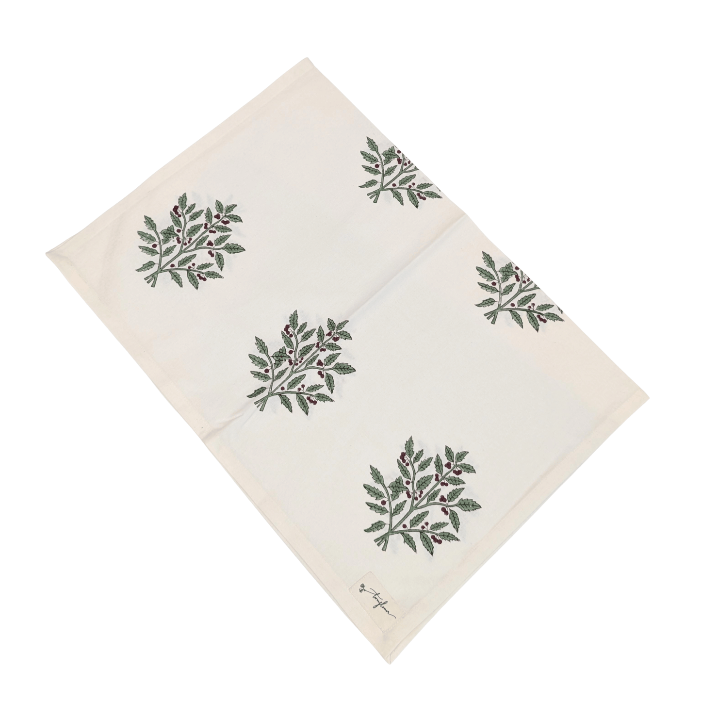 Christmas Holly Block Printed Cotton Tea Towel