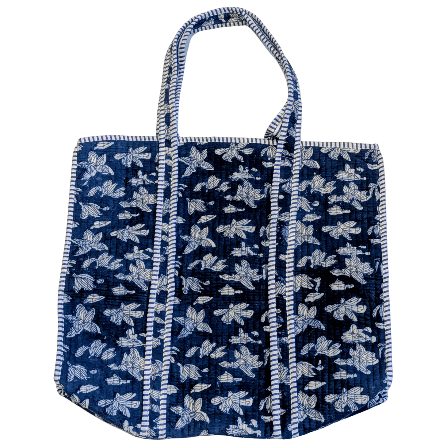 Cotton Quilted Indian Tote Bag Indigo Blue Scattered Flowers - Precious Sparkle