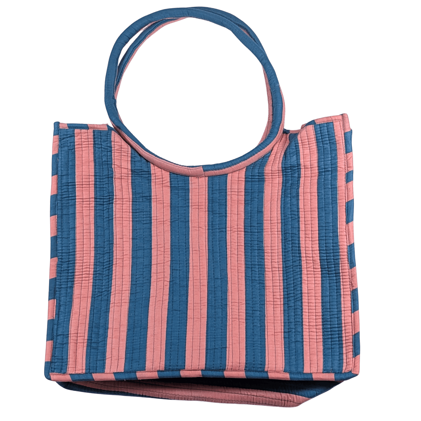 Twinflower Teal & Peach Striped Round Handle Quilted Tote Bag - Precious Sparkle