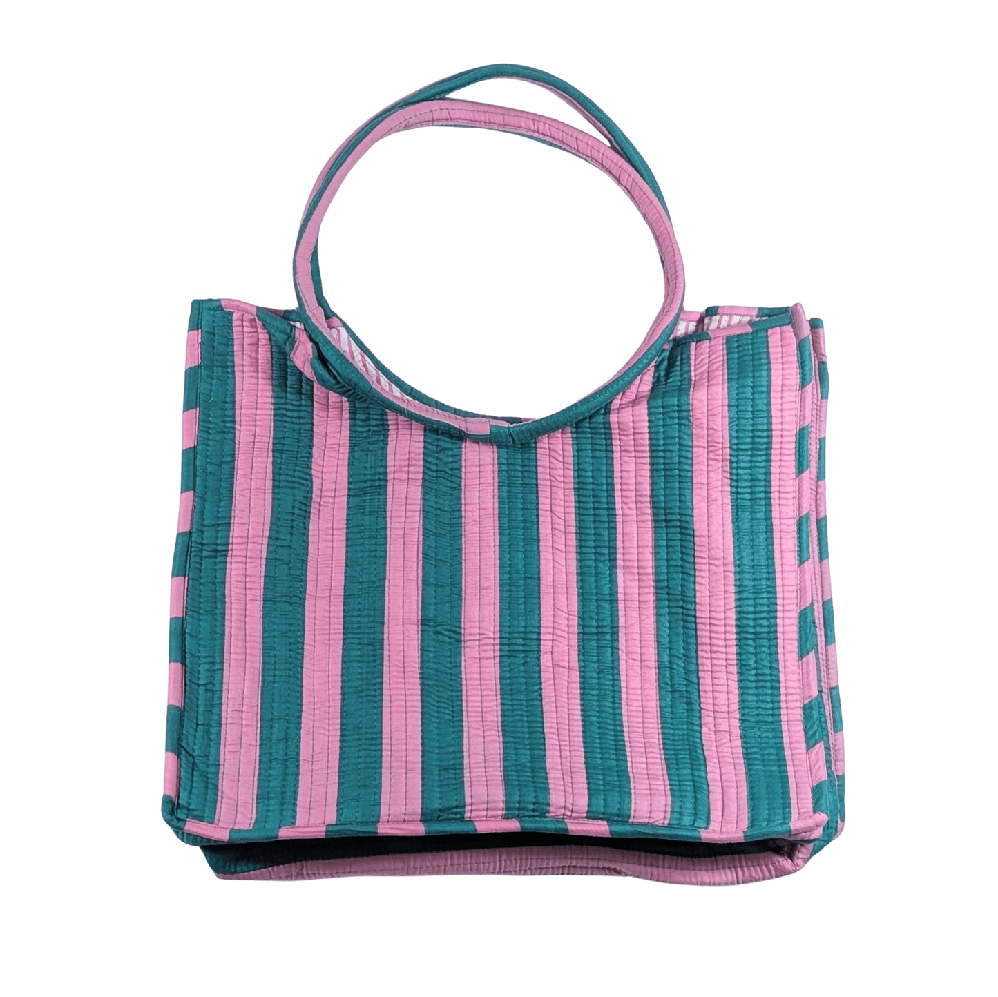 Twinflower Pink & Teal Striped Round Handle Quilted Tote Bag - Precious Sparkle